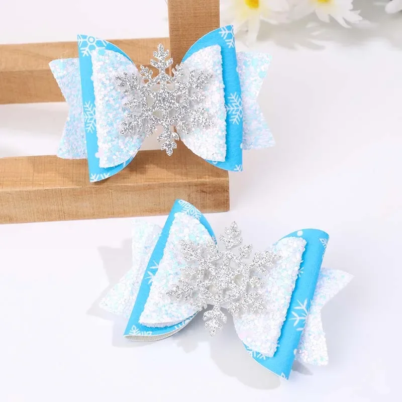 ncmama 2PCS Christmas Snowflake Bow Hairpins Sweet Girls Exquisite Glitter Snowflake Hair Clips Kids Barrettes Hair Accessories