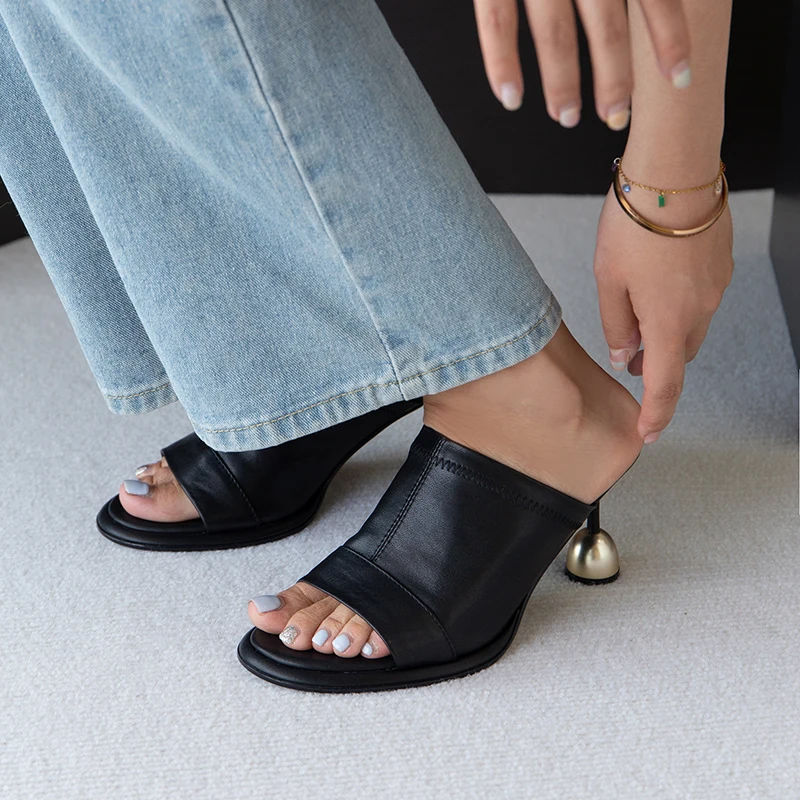 2024 New Women Genuine Leather Sandals High Heels Peep Toe Summer Comfort Casual Black Shoes Woman Female Fashion Pumps Slippers