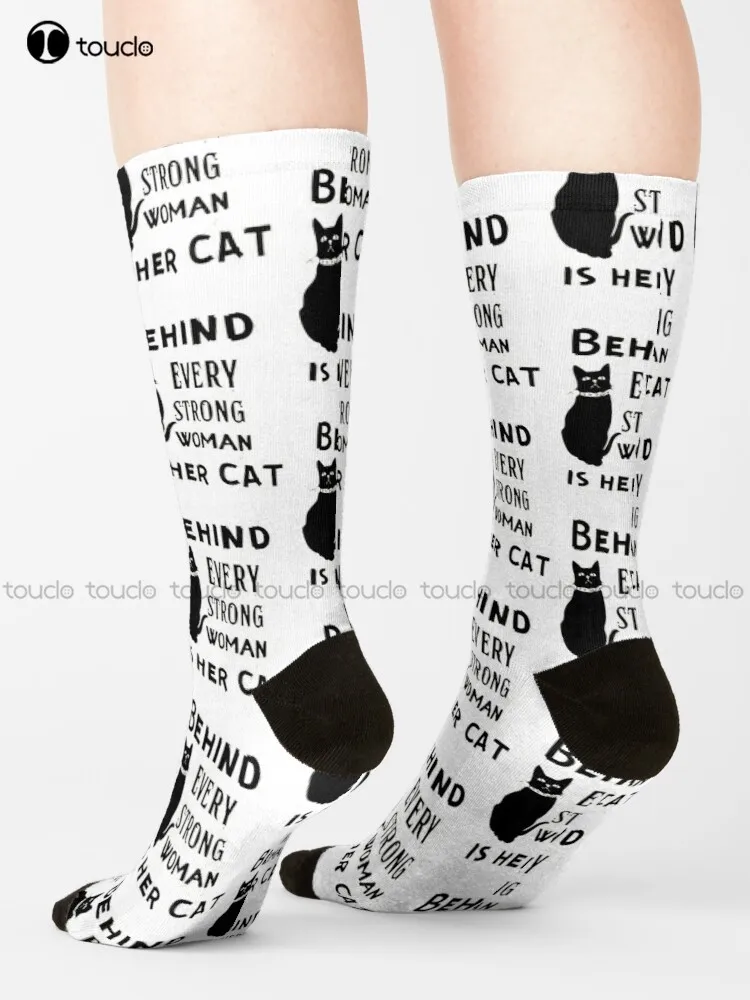 

Behind Every Strong Woman Is Her Cat Socks Womens Hiking Socks Streetwear Personalized Custom Unisex Adult Teen Youth Socks Art