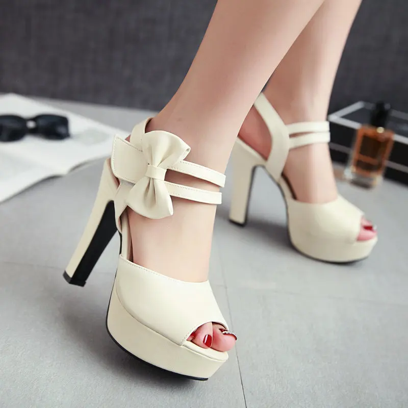 Extra Plus Size 44 45 46 Double Strap Lovely Women Summer Pumps Shoes Peep Toe Platform Block High Heels Wedding Party Sandals