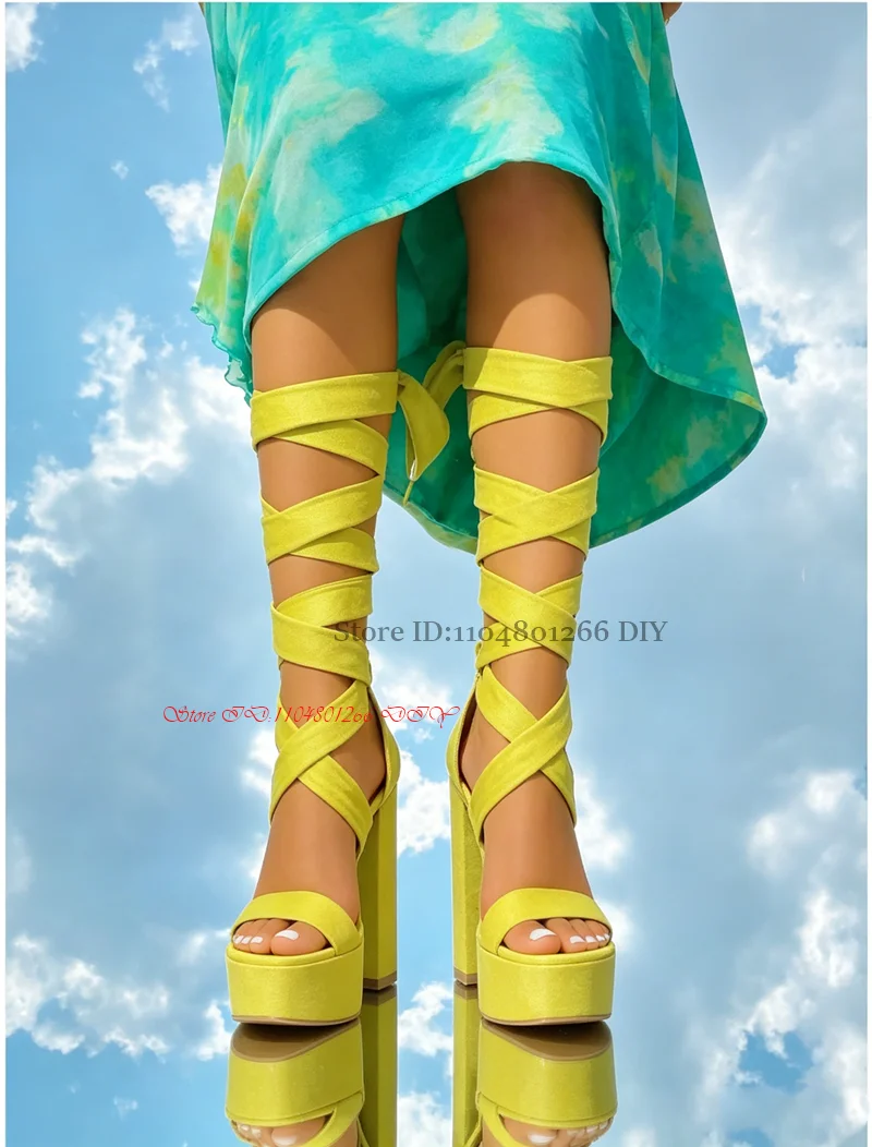 Women Summer Lace Up Chunky Heeled Platform Gladiator Sandals Stable Block Heels Open Toe Night Club Party Pumps Shoe Tie Up