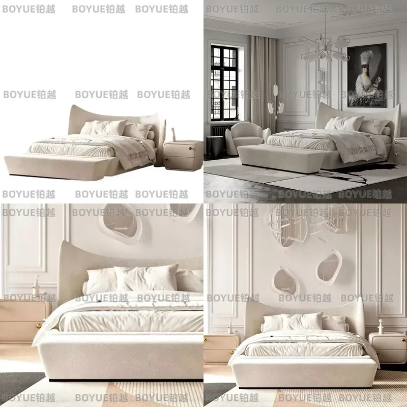 French Cream Style Double Bed Italian Neoclassical Fabric Upholstered Light Luxury Bedroom Furniture Villa Decor Modern