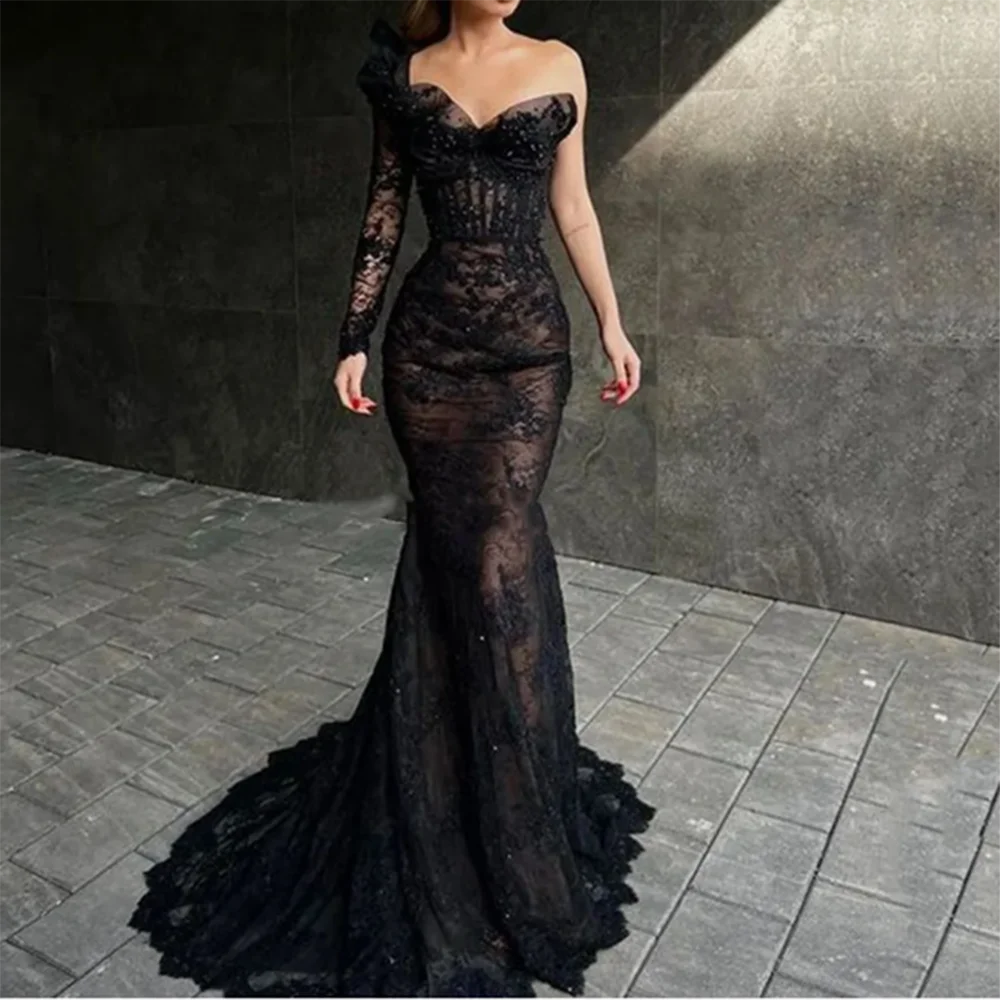 Sexy Smart Black Women Prom Dresses Sweetheart One Shoulder Long Sleeve Floor Length Trumpet Illusion Pretty Female Party Gowns