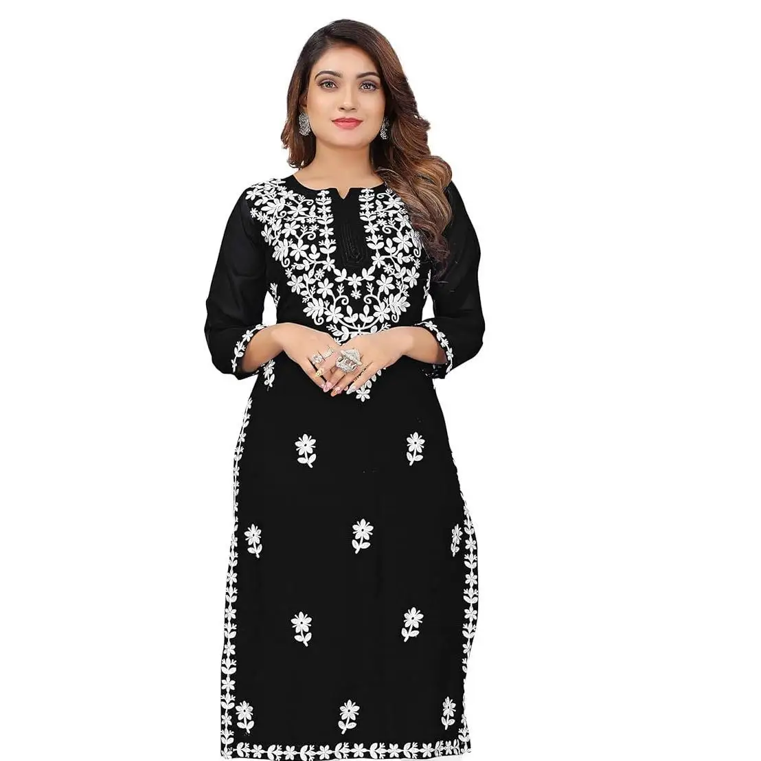 Women's Kurt casual fashion dress long sleeved straight tube casual ethnic flower Mandarin round neck regular size design sense