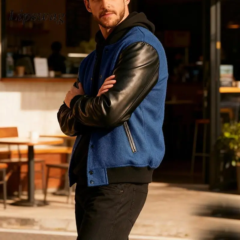 

Винтажная куртка из искусственной кожи с длинными рукавами для мужчин, стильная, на пуговицах, с контрастными вставками, весенняя модная шерстяная верхняя одежда