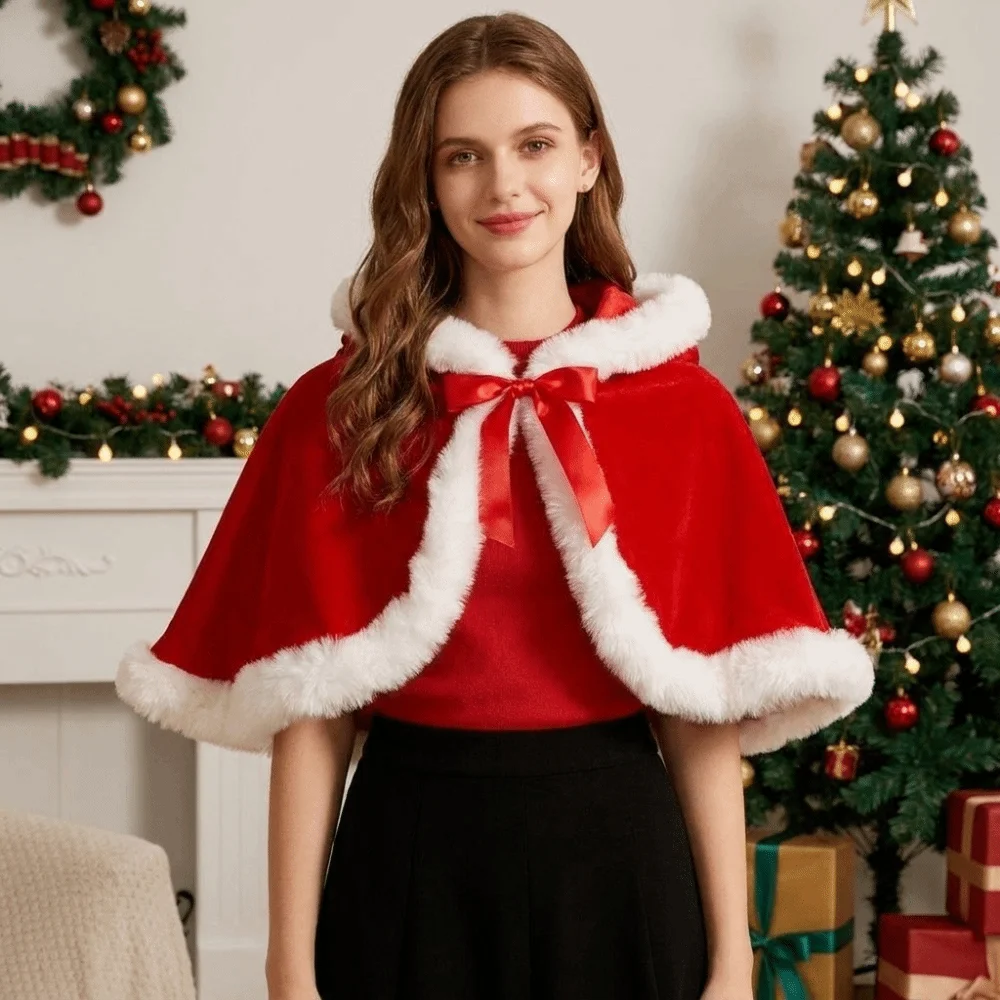 Simple Polyester Christmas Hooded Cloak Thick Plush Women Ponchos Windproof Cosplay Costume Xmas Cape Party Costumes Dress