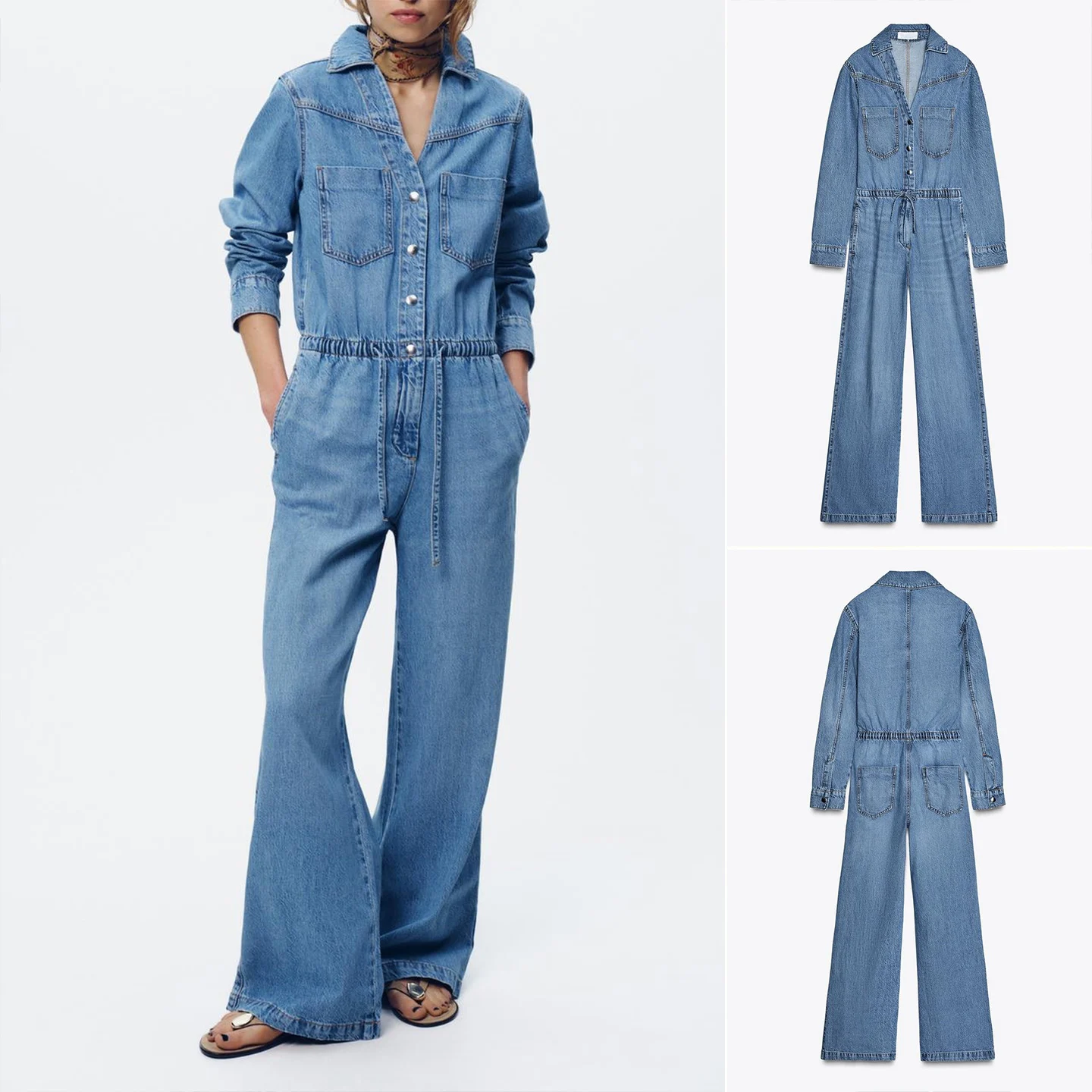 

Новые летние женские длинные джинсовые комбинезоны с воротником све, широкими штанинами и регулируемой талией, длинные брюки из полиэстера с высокой талией...