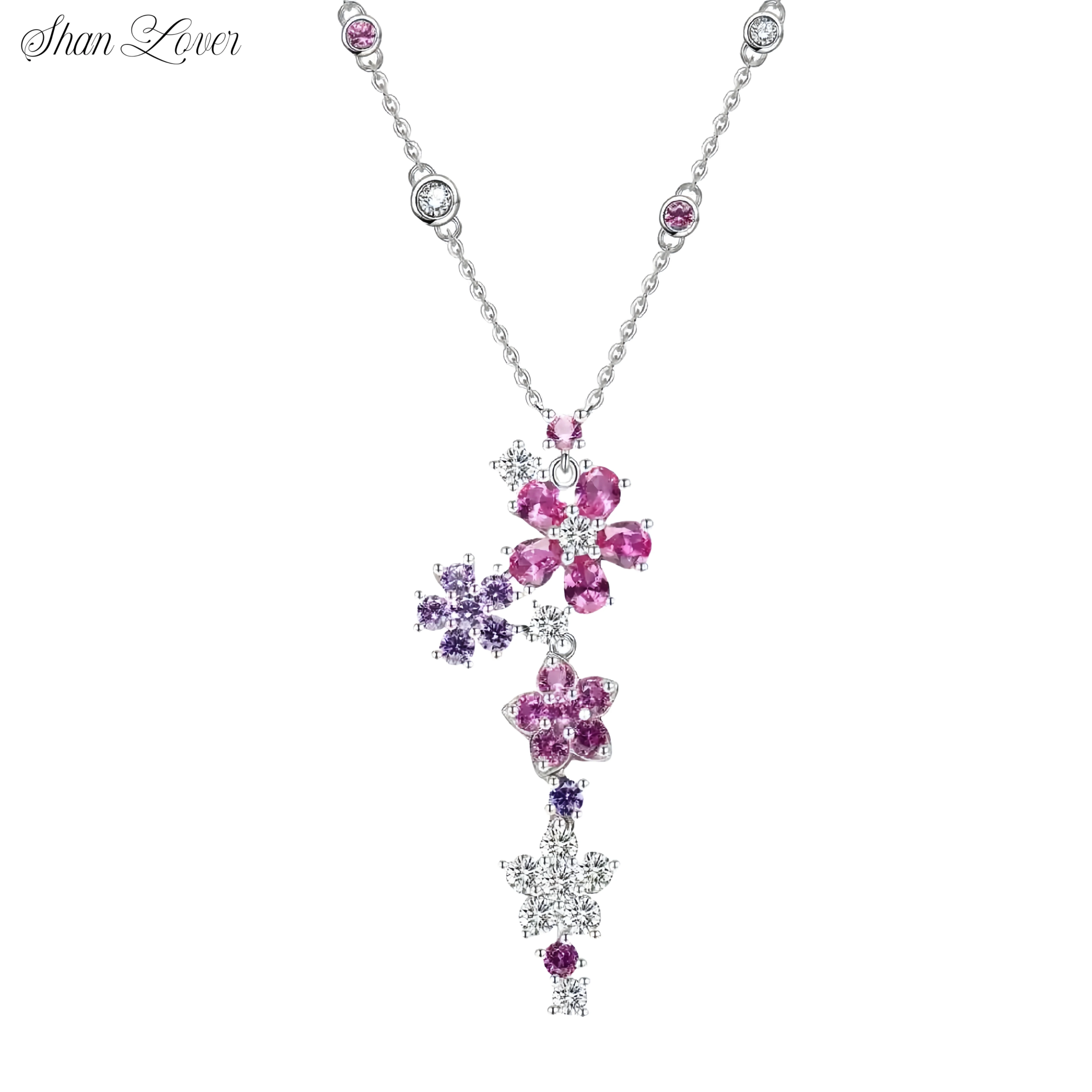 

ShanLover Luxury Brand Flower Pendant Necklace Jewelry Real 925 Sterling Silver Women Dorp Pendant Chain Link Necklace Jewelry