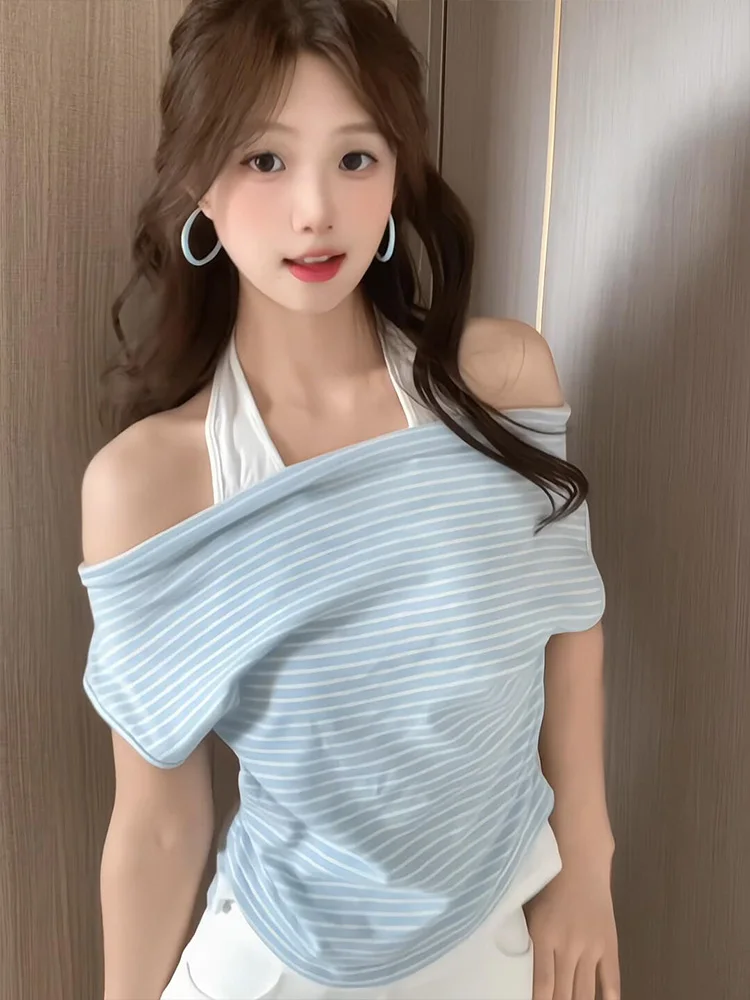

Korean Sweet oulder Bared Fake Two-Piece ort Sve T-irt Women Summer Color Blo Stripe Slimming Ne Hanging Top