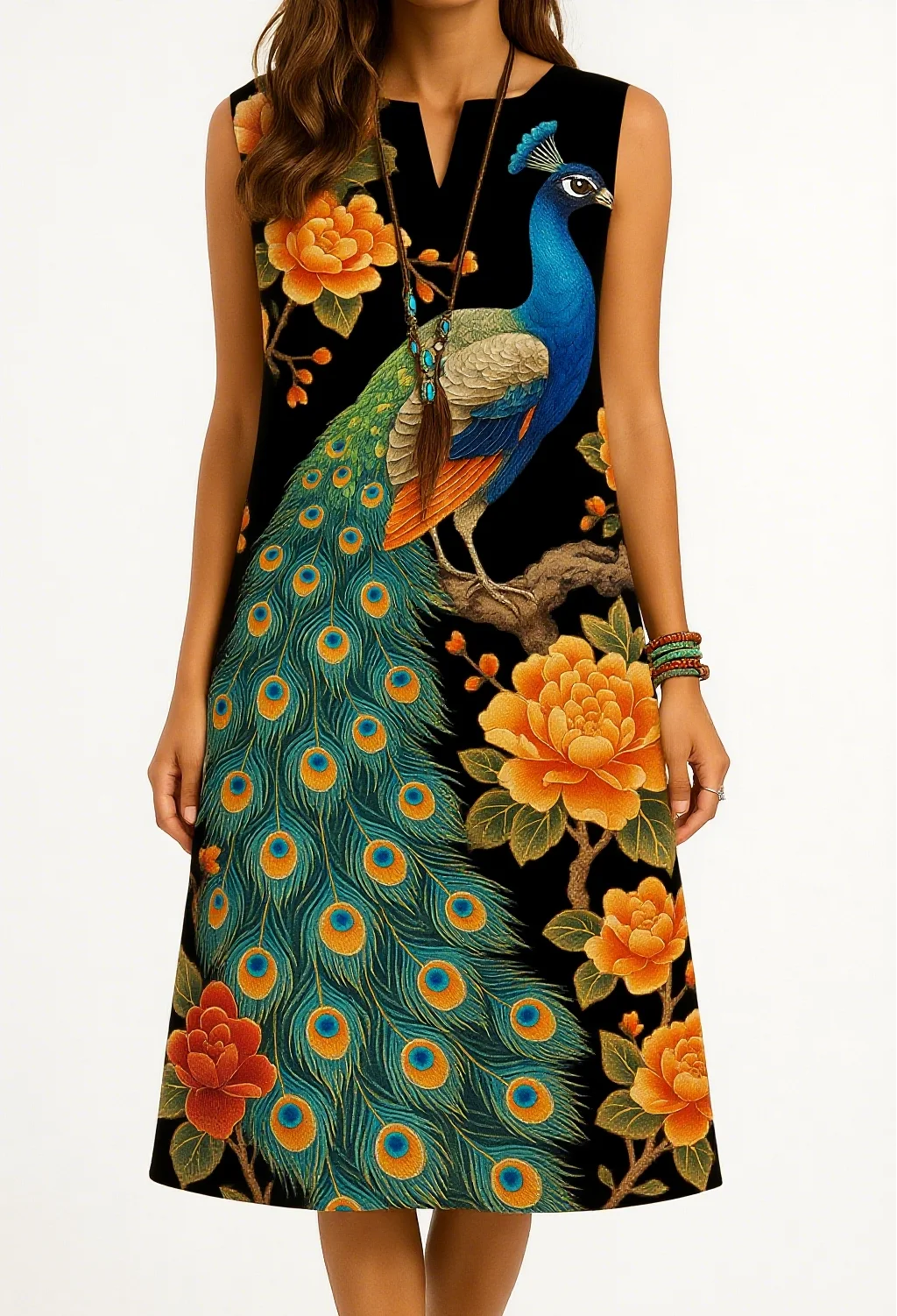 Kurt women's fashionable and elegant long sleeved straight tube casual V-neck peacock pattern luxurious new dress.