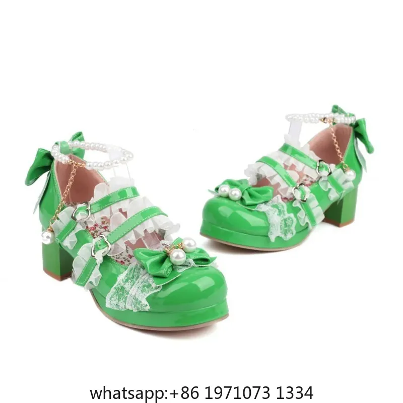 Cross Strap Women High Heels Mary Jane Pumps Wedding Tea Party White Pink Black Ruffles Bow Maid Princess Cosplay Lolita Shoes