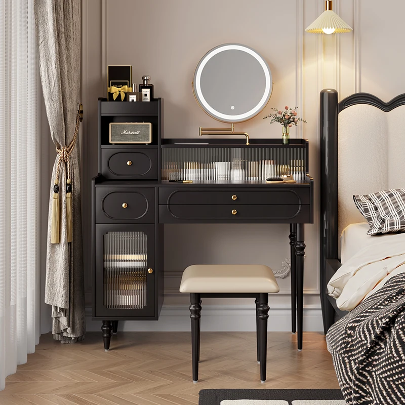 

American retro style solid wood dressing table, simple modern bedroom, black medieval style storage cabinet, integrated dressing