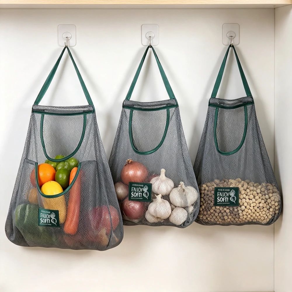 Hanging Mesh Storage Organizer Bag Wall-Mounted Breathable And Washable Drainage Mesh Bag with Hooks to Save Space, Suitable