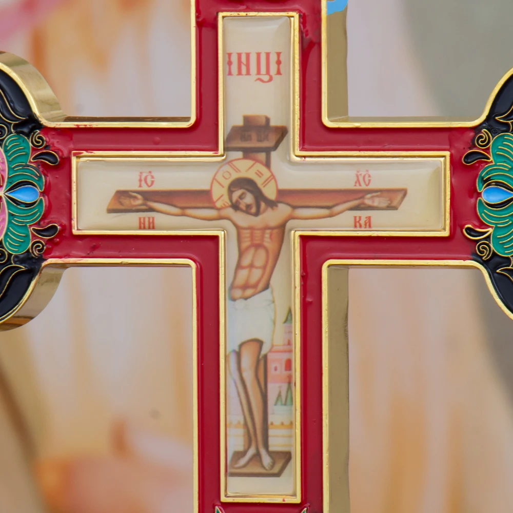 Hot Sale Golden Orthodox Standing Crucifix Floral Enamel Desktop Cross Altar Decor Church Prayer Gift For Believers Wholesale view 2
