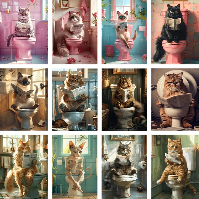 

Funny Animals on The Toilet and Reading Newspaper Canvas Poster Cute Cat Bathroom Canvas Painting Wall Art Lavatory Home Decor