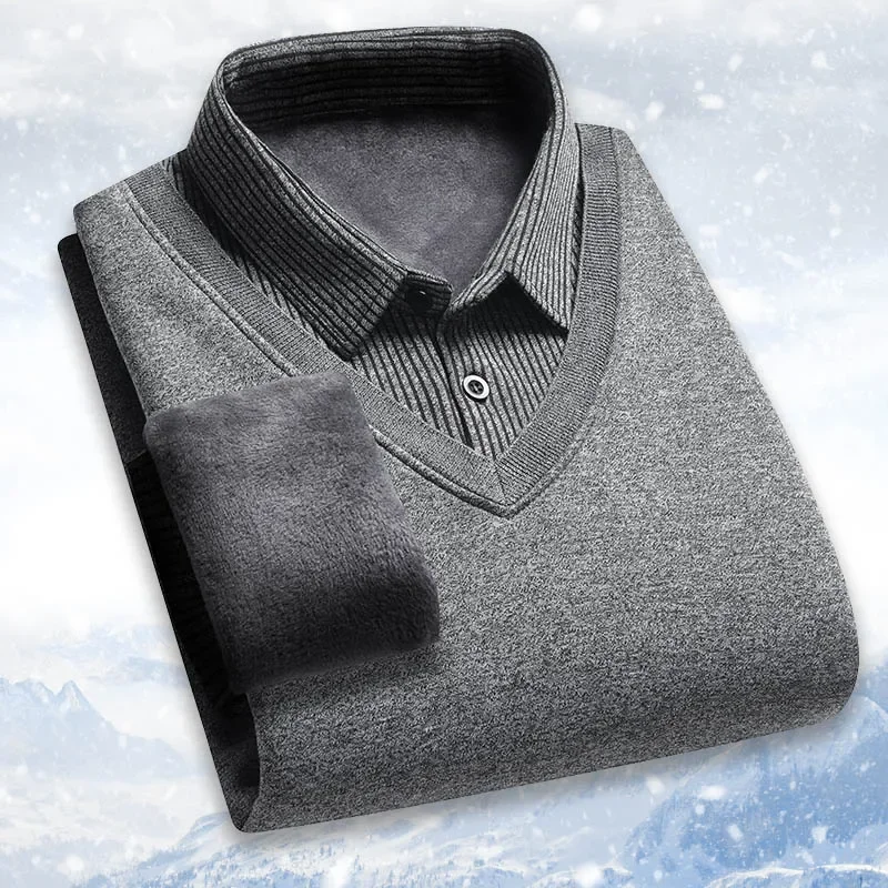Male Everyday Fake Two Piece Knitted Sweater Soft Fabric Shirt Collar Thick Fleece Lining Thermal Striped Long Sleeve Base Top