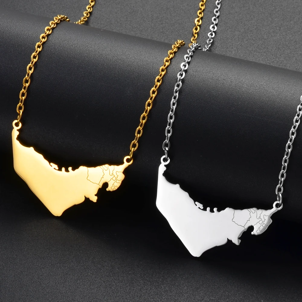 Anniyo The United Arab Emirates Map With Cities Pendant Necklaces Women Girls UAE Jewelry Stainless Steel Material #321101