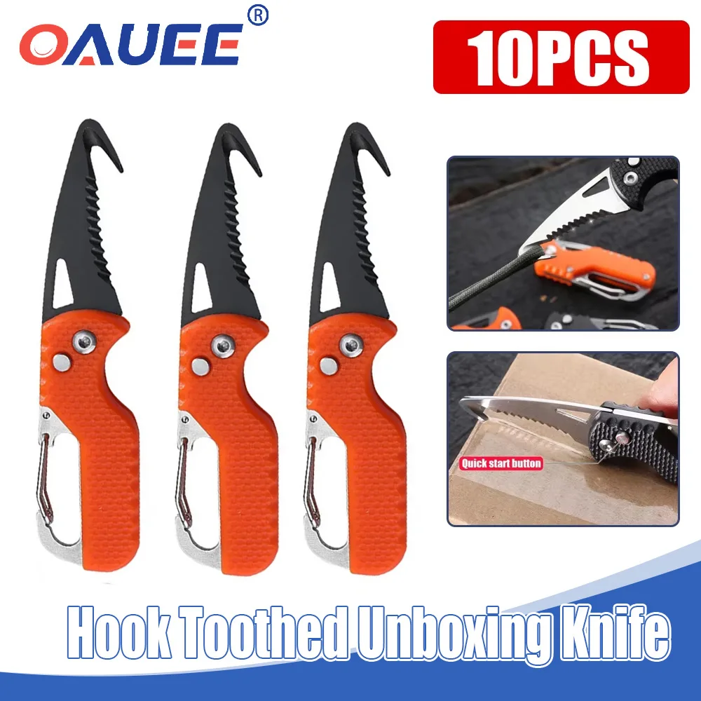 

10pcs Foldable Express Delivery Knife Stainless Fast Hook Knife For Outdoor Camping Carry-on Unpacking Keychain Cutter Orange