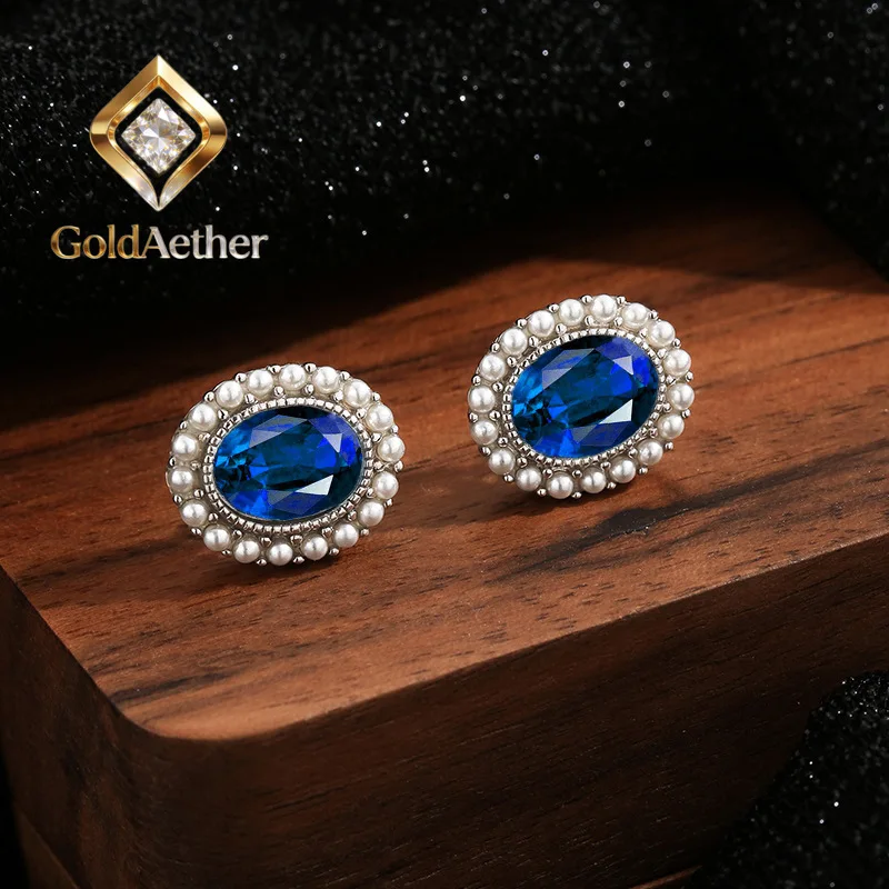 

GoldAether Luxury Solid Platinum PT950 Blue green pigeon blood red female stud earrings