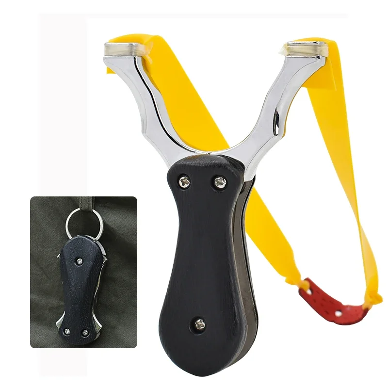 Foldable Alloy Slingshot Black Portable High-precision Slingshot Professional Hunting Sling With Flat Rubber Band