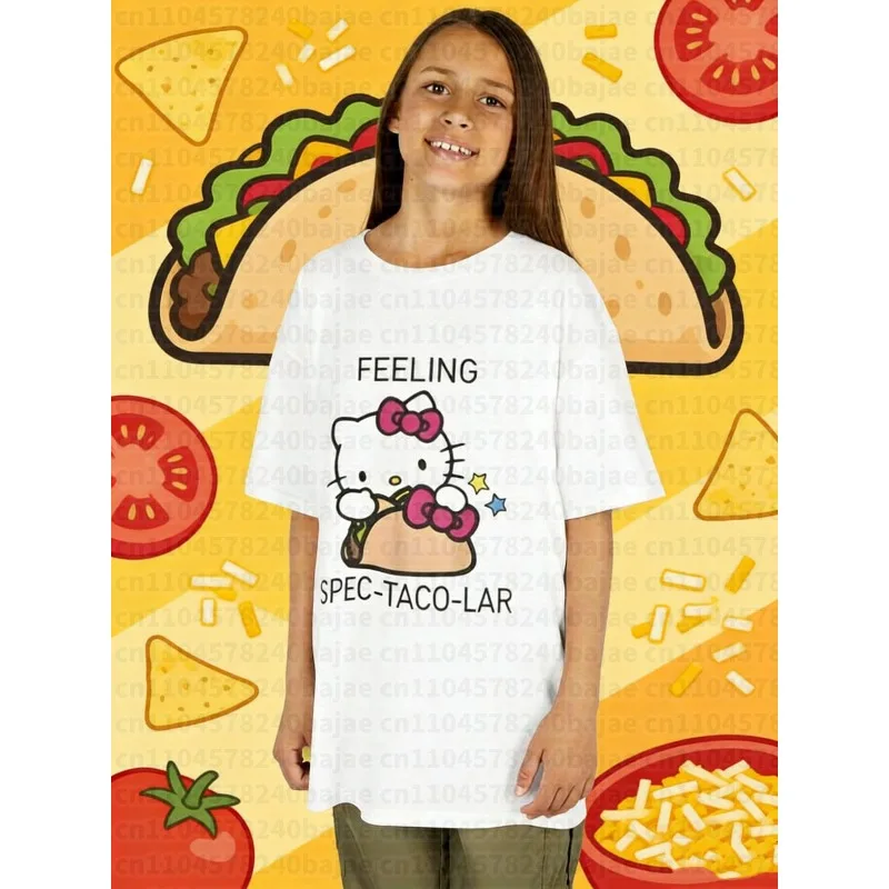 

2025-26 летняя футболка Sanrio с милым рисунком «Hello Kitty» из 100% хлопка с принтом, модная повседневная дышащая женская одежда