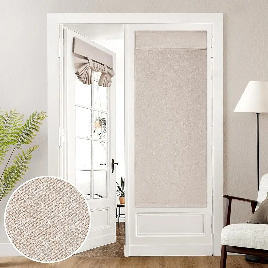 

100% Linen Blackout French Door Curtains, Pri acy Door Window Curtains, 26 X 68 Inch Room Darkening Blinds, Thermal Insulated Sh