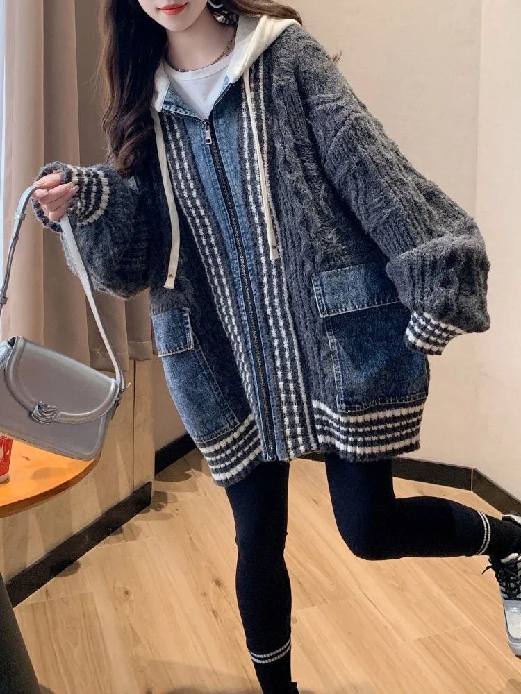 Coréen Sle coupe ample Denim Patchwork tricot Cardigan vêtements d'extérieur pour femmes Thiened faux deux pièces motif de jupe ouverte Faion Kn...