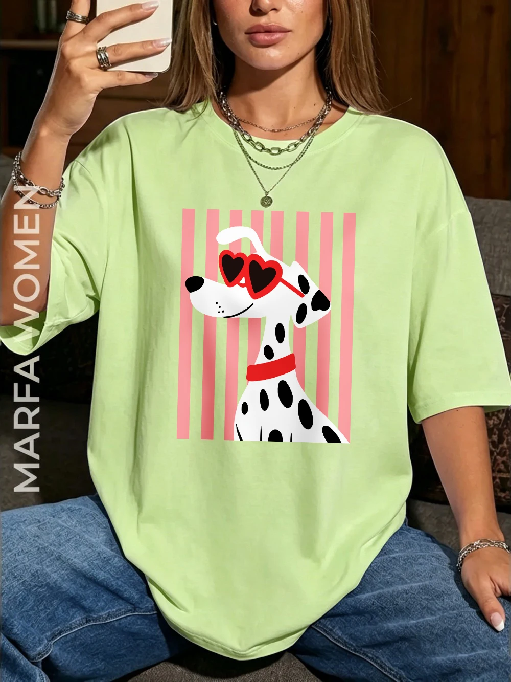 Herzförmige Sonnenbrillen Dalmatiner-Hundemotiv T-Shirts Damen Baumwolle Sommer Übergroße Oberteile O-Ausschnitt Kurzarm-T-Shirts Weiche Streetwear – Detail 17