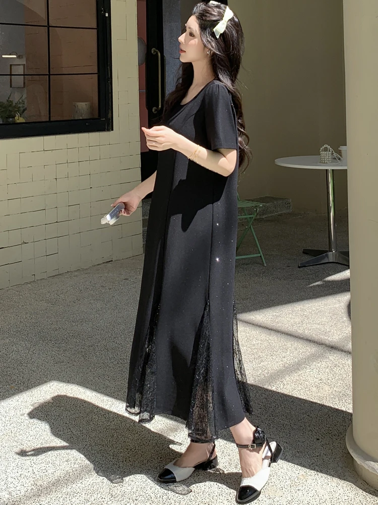 NYFS فستان صيفي 2025 كوريا نمط المرأة فضفاضة حجم كبير كم قصير المرقعة الدانتيل تنحنح فستان طويل رداء Elbise