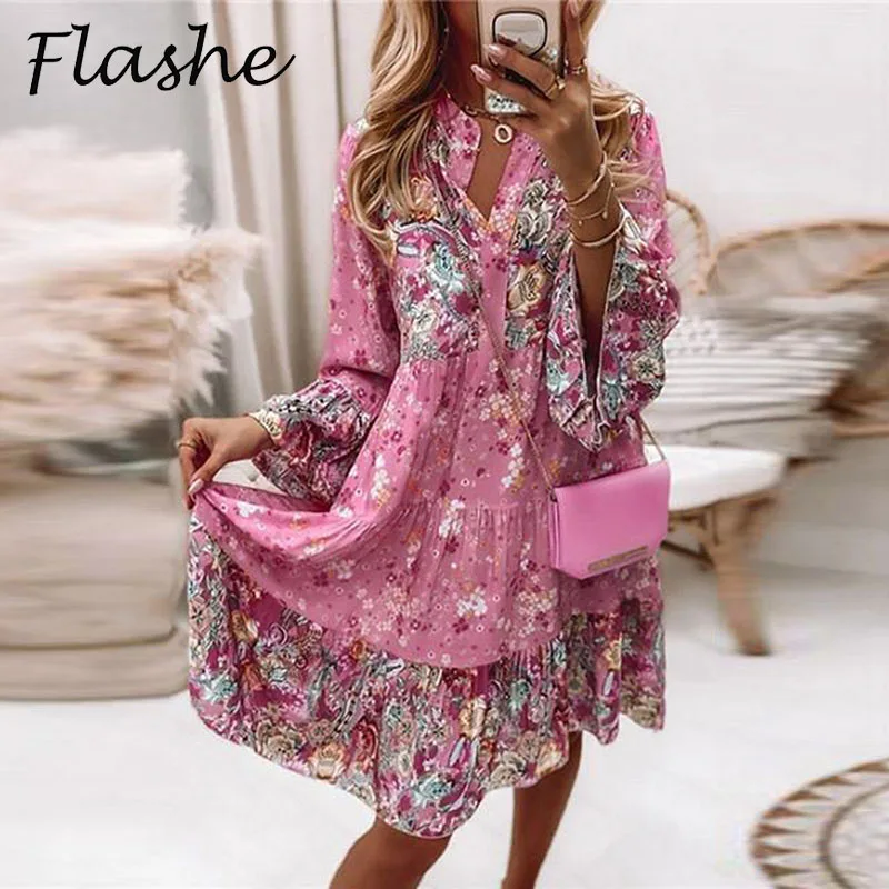 Elegant Retro Floral Print Flare Sleeve Mini Dress Women Spring Summer Ruffle Loose Women Party Dress Casual V Neck Beach Dress