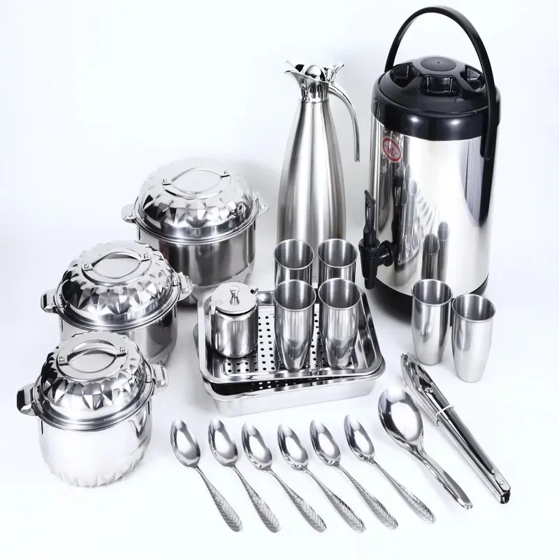 21 Piece Stainless Steel Camping Cookware Set with Insulated Bucket Coffee Pot and Milk Tea Container for Family Outdoor