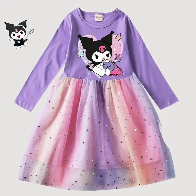 

Kuromi Kawaii аниме детское платье с длинными рукавами Sanrio, новая летняя сетчатая юбка принцессы с блестками для девочек, модная мягкая хлопковая юбка