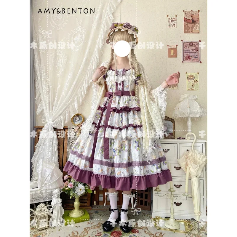 

25COSPastoral Retro Cartoon Print Multi-layer Tutu Dress Suspender Lolita Dress Sweet Bow Belt Slim Splicing Color Mid-length Dr