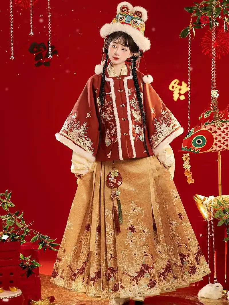 

Classic Women Phoenix Embroidery Hanfu Dress Autumn Winter Ming Dynasty Traditional Square Collar Costume Festive New Year Suit