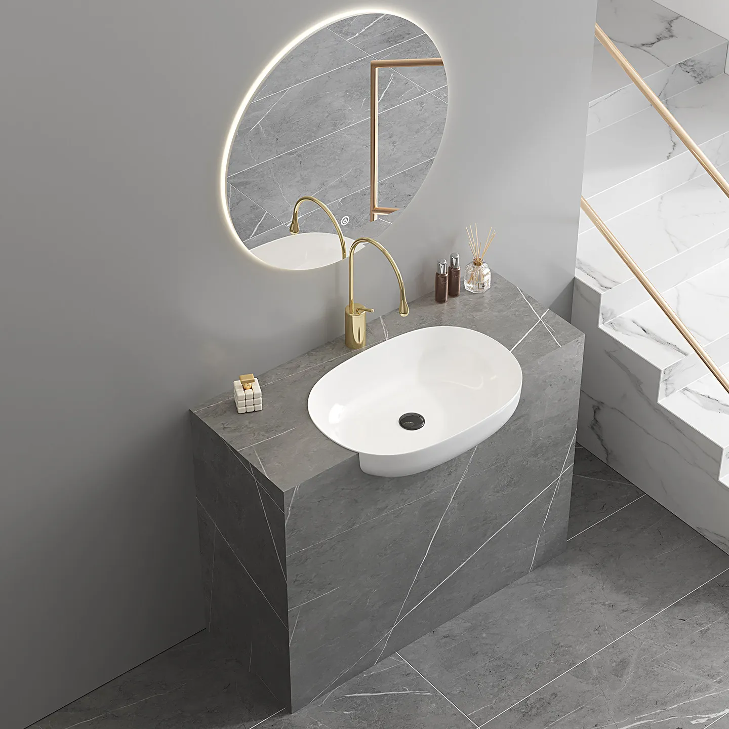 Semi-embedded column basin, rock slab wash basin, floor-to-ceiling washbasin, bathroom cabinet