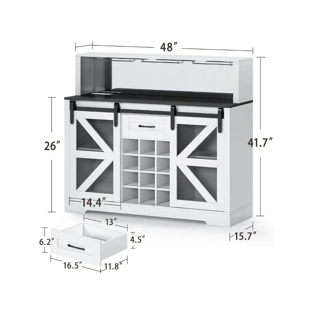 

48" Farmhouse Wine Cabinet with 12 Wine Racks and Power Outlet， Sliding Barn Door