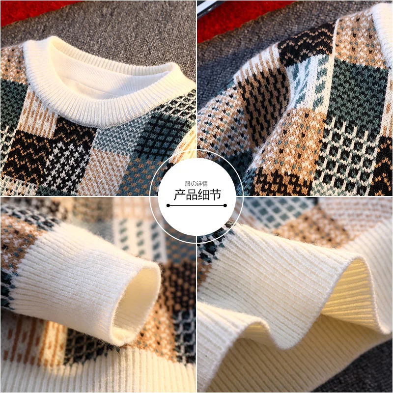 New Fashion Men Plaid Pullover Winter Sweaters Outwear Loose Casual Knitted Sweaters Male O-neck Pullovers Sweatercoats Size 4XL