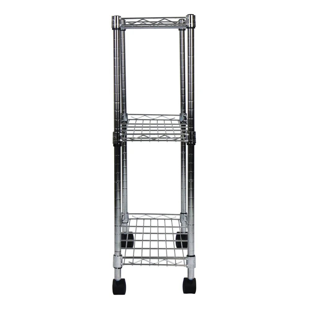 3-Tier Chrome Utility Cart Adjustable Shelving Rolling Storage Cart with Raised Borders Durable Steel Easy Assembly Home Office