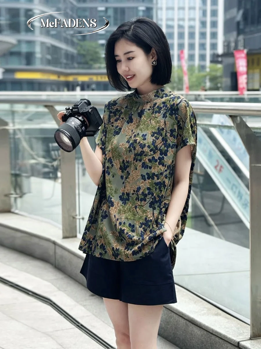 

Fashionable Summer Loose Fit Short Sleeve Embroidered Chiffon Top Women's Elegant Style Half High Collar Single Button Closur...