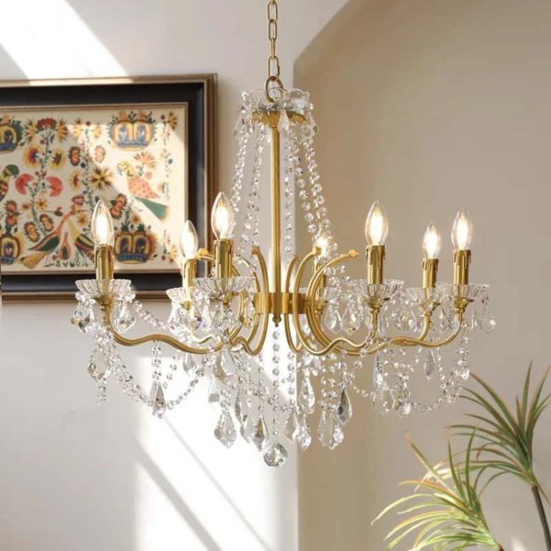 French Luxury Copper Candle Led E14 Chandelier Living Room Lustre Crystal Led Pendant Lights Led Home