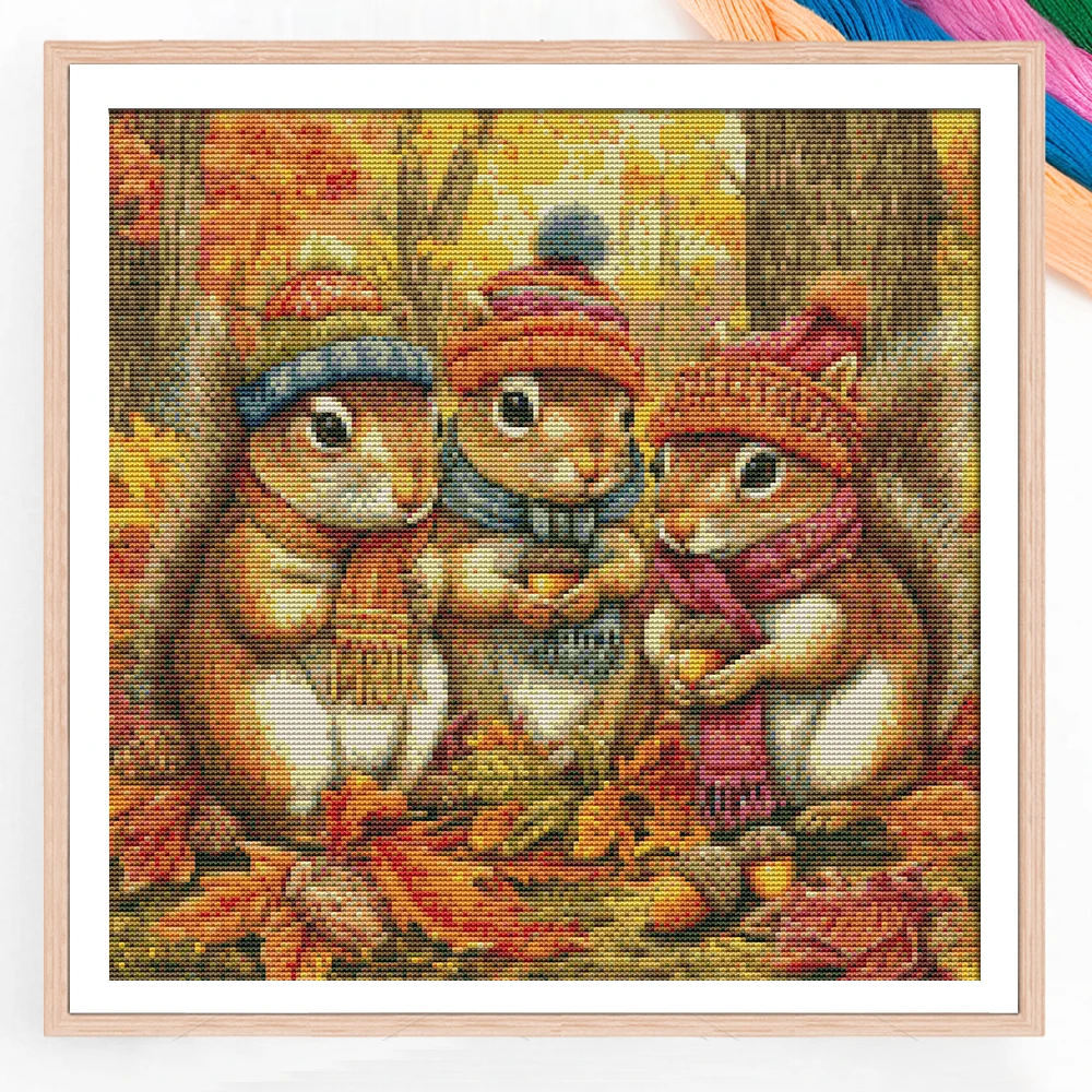 Neue Kreuzstich-Arbeit Herbst-Eichhörnchen 11ct Handarbeit Vollständige Stickerei Tier-Landschaft Bedruckte Leinwand Handgemachtes Geschenk