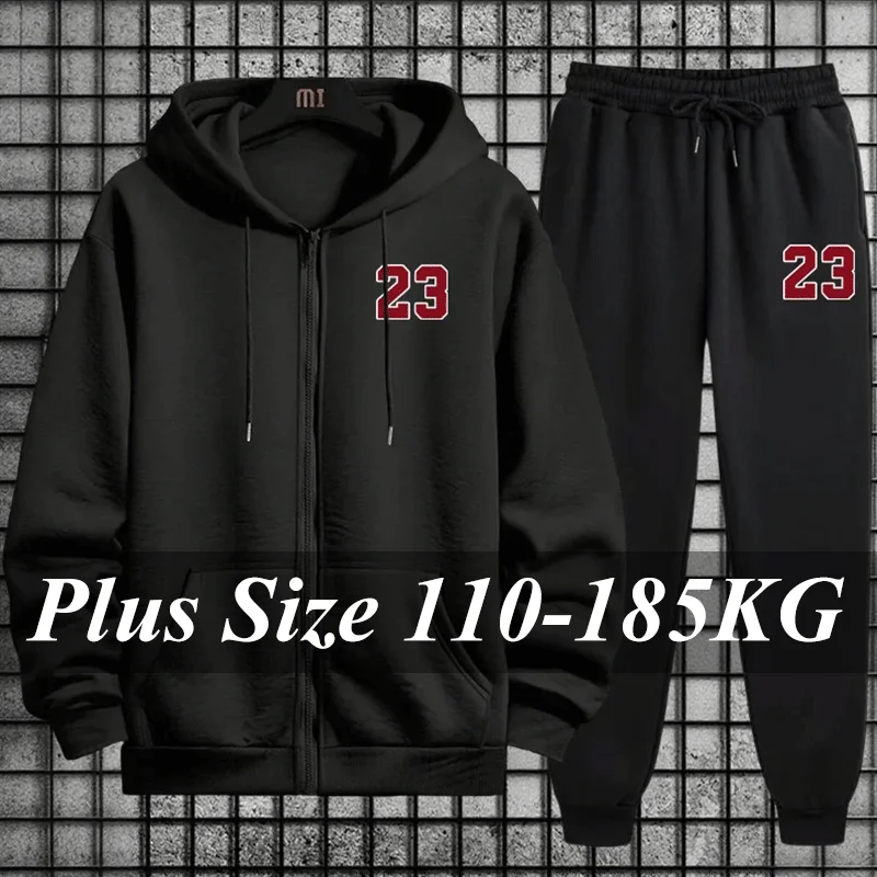 

2pcs Men's Plus Size Set Coat Pants Autumn Winter Daily Casual Sporty Jogger Suit Male Fashion Outfit Print Jackets Sweatpants