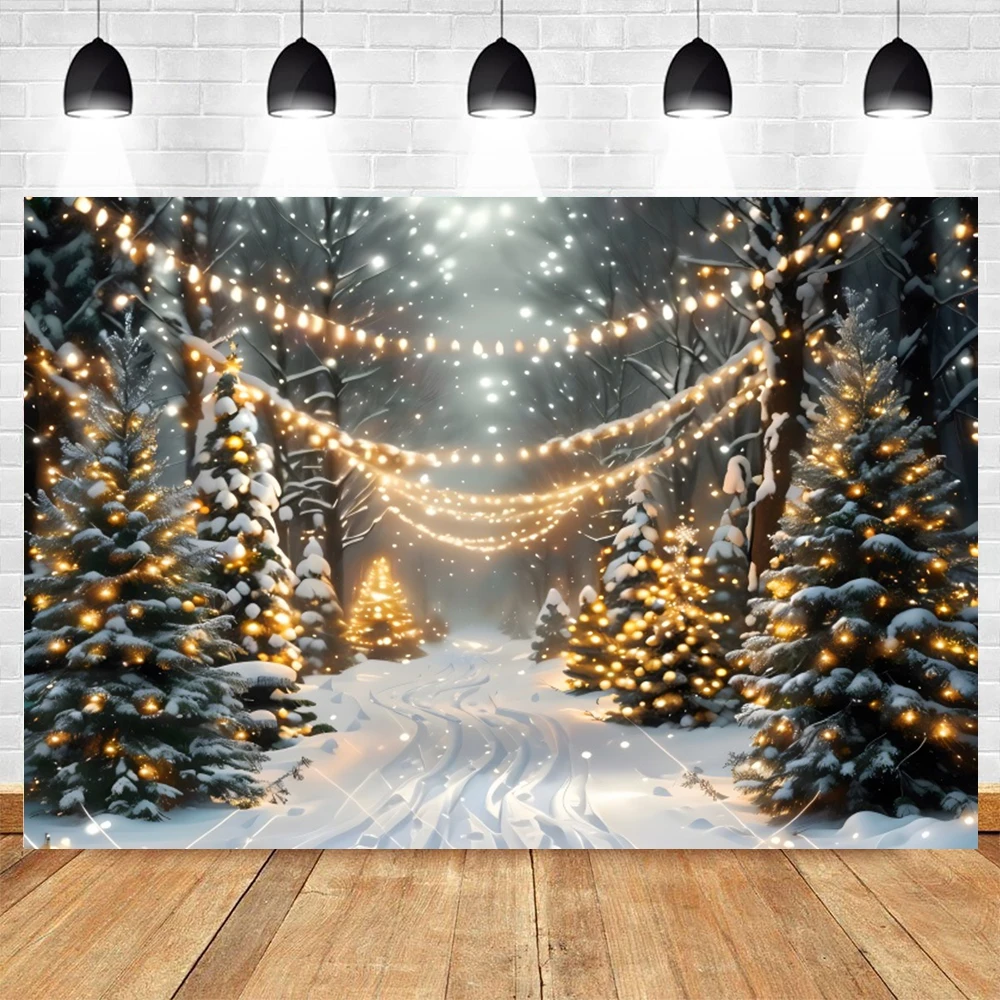 Christmas Night Winter Backdrop Snow Glitter Lights Snowfield Forest Xmas Tree Town Family Portrait Photography Background Decor