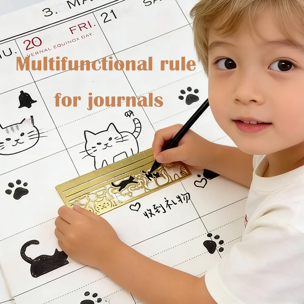 Cat Pattern Multi Functional Hand Account Ruler - Straight Ruler Decorative Template Tool for Journaling Scrapbooking Stationery