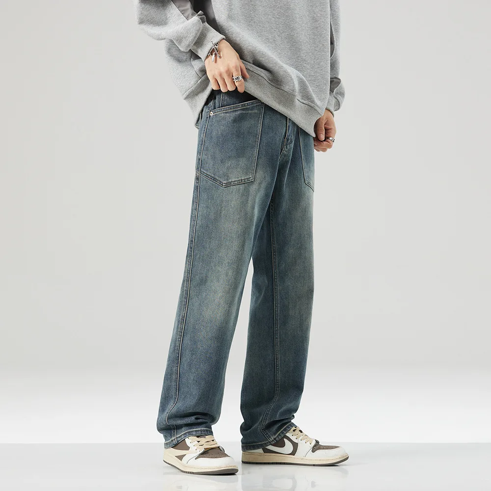 High quality long straight jeans for men big size stone wash cotton denim casual vintage loose trousers new 2024 clothing - blue