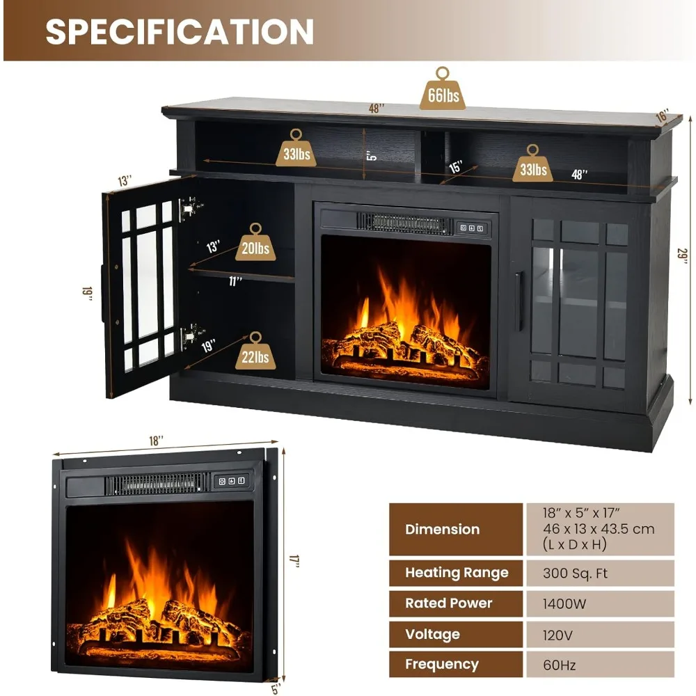 Modern 48 Inch Electric Fireplace TV Stand, TV Console for TVs with 18 Inch Fireplace up to 55 Inch with 2 Open Shelves