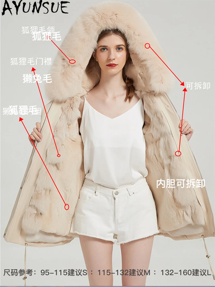 AYUNSUE Real Fur Parka Women 2025 Rex Rabbit Liner Detachable Warm Womens Coats Winter Clothes Fox Fur Collar Шуба Женская