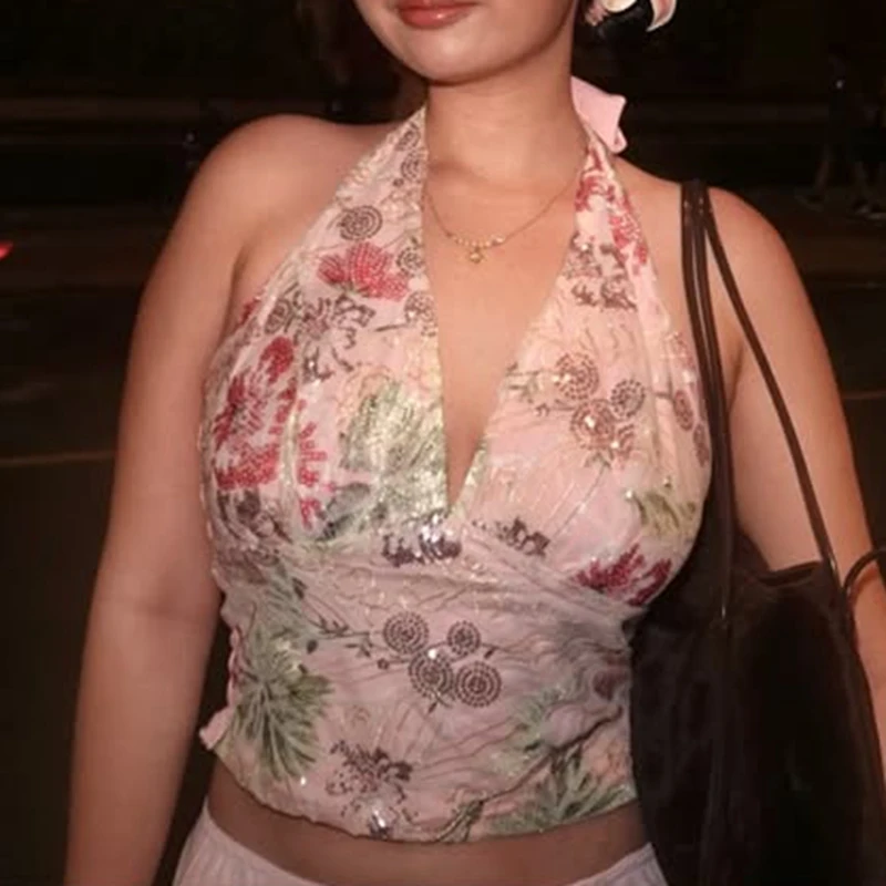 

Women Summer Luxury Mesh Glitter Sequins Flower Embroidery Vest Lace-up Halte V-Neck Ruffle Smocked Backless Tank Top