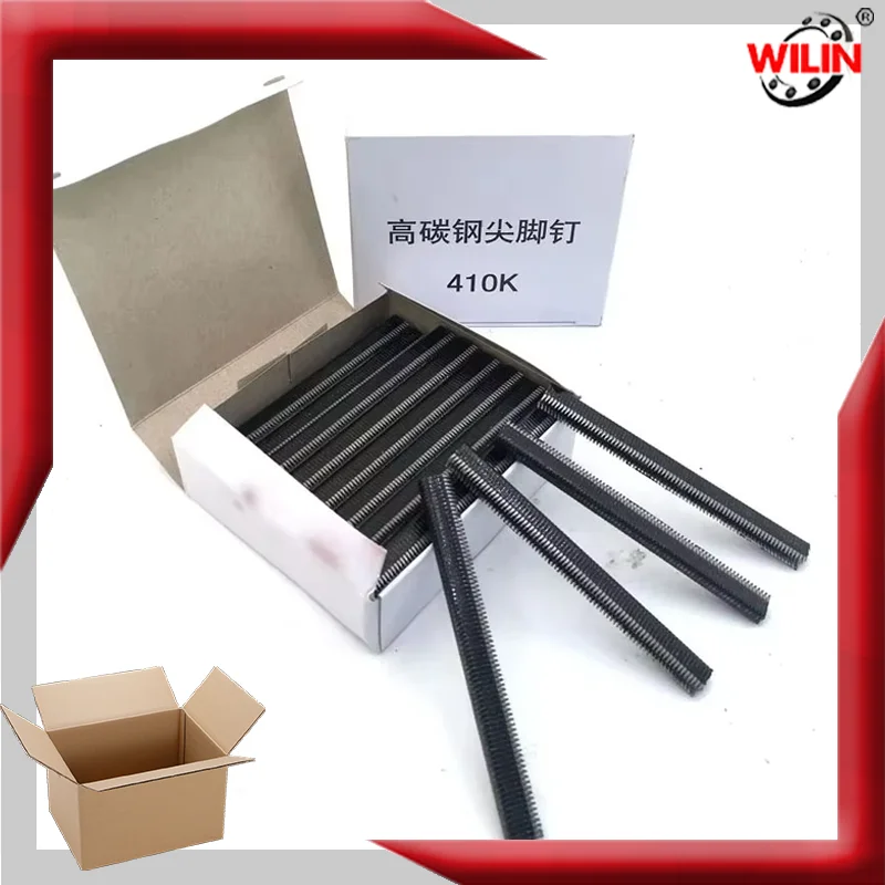 

Пневматический гвоздезабивной станок для деревообработки, железный Плетеный рандомный степлер с узкой короной, гвозди из высокоуглеродистой стали, острые ножки 410K мм