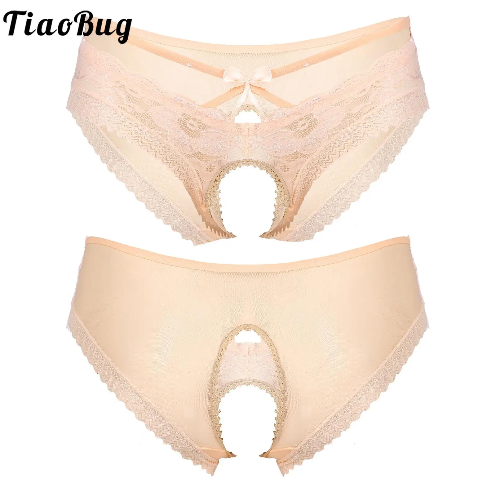 Tiaobug Mens Lace Mesh See-Through Pure Light Crotchless Briefs Sissy Underwear with Bowknots Strappy Swimming Night Underpants